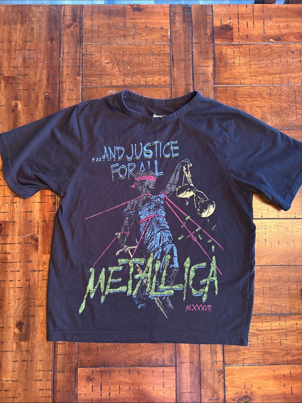 Kids Black Graphic Tee - “...And Justice For All” Youth XL - 80’s, Retro